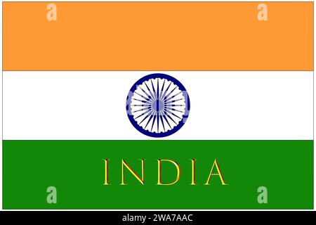 indien, indische Flagge mit dem Namen der Nation goldenes indien, die Flagge mit den offiziellen korrekten Proportionen und Farben. Stockfoto