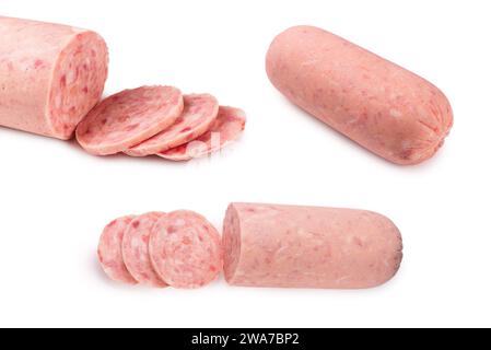 Gekochte Wurst isoliert auf weißem Hintergrund. Schichten. Stockfoto