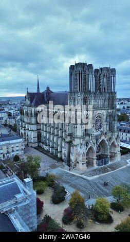 Drohnenfoto Kathedrale Notre Dame, Cathédrale Notre-Dame de Reims Frankreich Europa Stockfoto