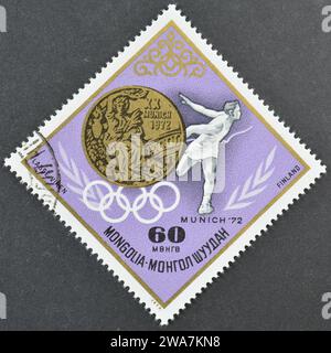 Gestempelte Briefmarke gedruckt von der Mongolei, die Viren, Olympische Sommerspiele 1972 - München (Medaillen) zeigt, um 1973. Stockfoto