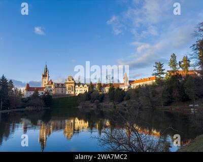 Die Winterlandschaft ohne Schnee des Schlosses Pruhonice und des Teichs Podzamecky im Pruhonice Park am Stadtrand von Prag, Tschechien, 1. Januar, Stockfoto