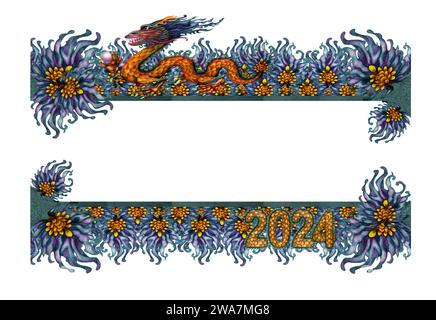 Aquarellrand mit grünem Holzdrachen mit magischer Perle und Zahlen 2024 handgezeichnet mit Drachenschuppen Textur. Illustration des Symbols für das Mondneujahr Stockfoto