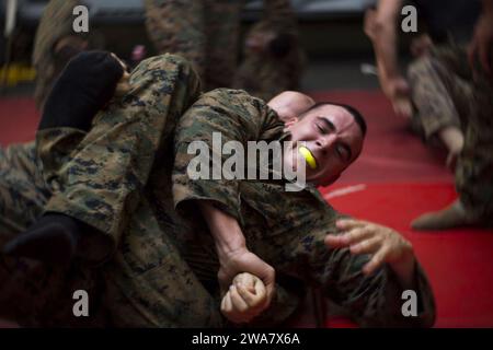 US-Streitkräfte. 160722MK246-020 MITTELMEER (22. Juli 2016) Marines, die der 22nd Marine Expeditionary Unit (MEU) zugewiesen sind, nehmen am 22. Juli 2016 an Bord des amphibischen Angriffsschiffs USS Wasp (LHD 1) am Martial Arts Instructors Kurs Teil. Die 22nd MEU, die zusammen mit der Wasp Amphibious Ready Group eingesetzt wurde, führt Marineoperationen im Gebiet der 6th Fleet durch, um die nationalen Sicherheitsinteressen der USA in Europa zu unterstützen. (Foto des U.S. Marine Corps von CPL. John A. Hamilton, Jr./veröffentlicht) Stockfoto