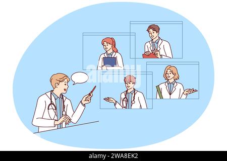 Ein männlicher Arzt spricht mit Kollegen in einem Videogespräch. Der Hausarzt führt Online-Konsultationen mit Kollegen über die Webcam durch. Teamarbeit. Vektordarstellung. Stock Vektor