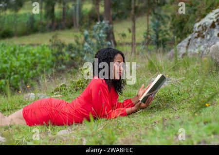 Kopierraum eines südamerikanischen Mädchens, das neben einem Felsen auf einem Berg liegt und ein Buch liest. Tag buchen Stockfoto