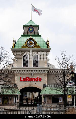 Schild für den Freizeitpark La Ronde auf der St. Helen Island in Montreal, Quebec, Kanada Stockfoto