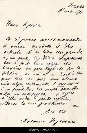 1911, ITALIEN: Der italienische Schriftsteller und Dichter ANTONIO FOGAZZARO ( 1842–1911 ). Artikel in der Ausgabe des Magazins IL SECOLO XX , april 1911 ( publiziert von Fratelli TREVES Editori ) , gewidmet Fogazzaro , einen Monat nach seinem Tod, und sein letztes Buch LEILA . Auf diesem Foto ist der Nachdruck des Briefes von Fogazzaro an den Kritiker PAOLO ARCARI über seine Romantik LEILA . Unbekannter Fotograf. - GESCHICHTE - Foto STORICHE - rivista illustrata - LETTERATO - SCRITTORE - LETTERATURA - Literatur - Manoscritto - Autografo - Autograph - Archivio GBB Stockfoto