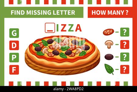 Wie viele Pizzazutaten zählen, Kinder Mathe Bildung Puzzlespiel. Fehlendes Wort suchen. Alphabet, Zahlen lernen logische Aufgabe. Vektor Stock Vektor