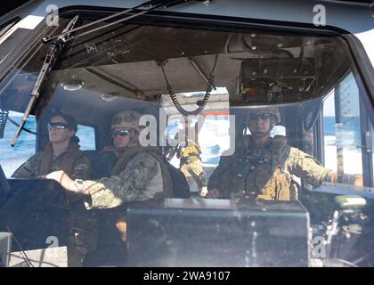 US-Streitkräfte. 180215FD185-099 GOLF VON TADJOURA, Djibouti (15. Februar 2018) Meister in Arms 1. Klasse Cory Donaldson, Mitte links, der Küstenflußgeschwader (CRS) 10 zugewiesen, weist US-Army Captain Shannon Hernandez, links, an, wie man ein taktisches Patrouillenboot im Golf von Tadjoura, Dschibuti, 2018, bedient und manövrieren kann. CRS-10 wird in das Einsatzgebiet der 6. US-Flotte eingesetzt und führt gemeinsame und Marineoperationen durch, oft in Abstimmung mit verbündeten und interinstitutionellen Partnern, um die nationalen Interessen der USA sowie die Sicherheit und Stabilität in Europa und Afrika zu fördern. (US Navy Phot Stockfoto