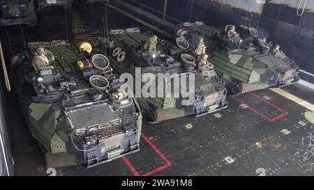 US-Streitkräfte. 180309PC620-0035 BLACK SEA (9. März 2018) Marines und Matrosen, die der 26. Marine Expeditionary Unit zugeteilt sind, Stadium AAV-P7/A1 Angriffsamphibienfahrzeuge auf dem Brunnendeck des Dock-Landungsschiffs der Harpers Ferry-Klasse USS Oak Hill (LSD 51), 9. März 2018 während der Übung Spring Storm 2018. Spring Storm ist eine von Rumänien geführte Übung im Schwarzen Meer, um die amphibischen Operationen und die Interoperabilität zwischen rumänischen und US-amerikanischen Marinestreitkräften zu verbessern. Oak Hill, der in Virginia Beach, Virginia, stationiert ist, führt Marineoperationen im Einsatzgebiet der 6. US-Flotte durch. (US-Navigationssystem Stockfoto