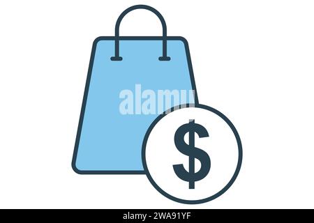 Produktsymbol. Einkaufstasche mit Dollar. Symbolstil für flache Linien. Elementabbildung Stock Vektor
