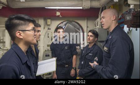 US-Streitkräfte. 180325PC620-0009 MITTELMEER (25. März 2018) Damage Controlman 2nd Class Robert Gaynor, rechts, gibt an Bord des amphibischen Angriffsschiffs USS Iwo Jima (LHD 7) am 25. März 2018 Schadenskontrolle. Iwo Jima, Homeportiert in Mayport, Florida, führt Marineoperationen im Einsatzgebiet der 6. US-Flotte durch. (Foto der US Navy von Mass Communication Specialist 3rd Class Michael H. Lehman/veröffentlicht) Stockfoto