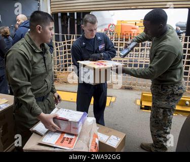 US-Streitkräfte. 180324TJ319-0065 MITTELMEER (24. März 2018) Marine Corps Sgt. Pilar Vasquez, links, Logistikspezialist 3. Klasse Daniel Grace, Zentrum, und Marine Corps CPL. Travis Robinson sortieren Post auf dem Bootsdeck des Harpers Ferry-Klasse Dock Landungsschiffes USS Oak Hill (LSD 51) 24. März 2018. Oak Hill, das in Virginia Beach, Virginia, stationiert ist, führt Marineoperationen im Einsatzgebiet der 6. US-Flotte durch. (Foto der U.S. Navy von Mass Communication Specialist 3rd Class Jessica L. Dowell/veröffentlicht) Stockfoto