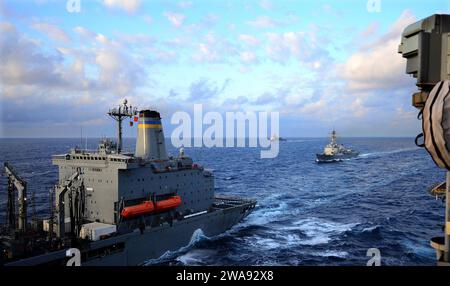 US-Streitkräfte. 180329RI884-0179 PHILIPPINISCHE SEE (29. März 2018), amphibisches Dock-Landungsschiff USS Ashland (LSD 48), Hintergrund, der Arleigh-Burke-Klasse-Raketenzerstörer USS Dewey (DDG 105), und das amphibische Angriffsschiff USS Wasp (LHD 1), nicht abgebildet, bereitet sich auf eine Auffüllung auf See vor mit dem Flottenauffüllöler USNS Tippecanoe (T-AO 199), links. Wasp und Dewey, ein Teil der Wasp Expeditionary Strike Group, mit der 31st Marine Expeditionary Unit (31st MEU), sind in der indopazifischen Region tätig, um die Interoperabilität mit Partnern zu verbessern und als Ready-Rescue zu dienen Stockfoto