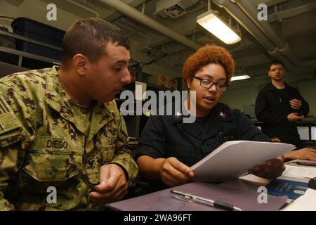 US-Streitkräfte. 180513ZH683-0014 MITTELMEER (13. Mai 2018) Personal Specialist 2nd Class Kirby Owens, rechts, unterstützt Luftfahrtorgane 2nd Class Juan Diego im Personal an Bord des Nimitz-Klasse-Flugzeugträgers USS Harry S. Truman (CVN 75). Als Flaggenschiff der Carrier Strike Group 8 zeigt Trumans Unterstützung der Operation Inhärent Resolve die Fähigkeit und Flexibilität der US-Marinestreitkräfte und ihre Entschlossenheit, die Terrorgruppe ISIS und die Bedrohung, die sie darstellt, zu eliminieren. (Foto der US Navy von Mass Communication Specialist, 3. Klasse, Juan Sotolongo/veröffentlicht) Stockfoto