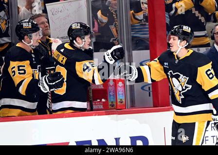 Pittsburgh, Usa. Januar 2024. Rickard Rakell (67) der Pittsburgh Penguins feiert sein Tor gegen die Washington Capitals am Dienstag, den 2. Januar 2024, in der PPG Paints Arena in Pittsburgh. Foto von Archie Carpenter/UPI. Quelle: UPI/Alamy Live News Stockfoto