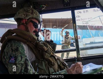 US-Streitkräfte. 180521FD185-08183 PORT DE PECHE, Djibouti (21. Mai 2018) Elektroniker 1. Klasse Alexander Drew, der der Task Group (TG) 68 zugeordnet ist, zeichnet Schiffswerte auf, während der Baumechaniker 1. Klasse Joseph Stewart am 21. Mai 2018 ein Seilzug für Bootsanhänger in Port de Peche, Djibouti, leitet. TG 68,6 wird in den Einsatzbereich der 6. US-Flotte eingesetzt und führt gemeinsame und Marine-Operationen durch, oft in Abstimmung mit verbündeten und interinstitutionellen Partnern, um die nationalen Interessen der USA sowie die Sicherheit und Stabilität in Europa und Afrika zu fördern. (US Navy Foto von Engineman Stockfoto