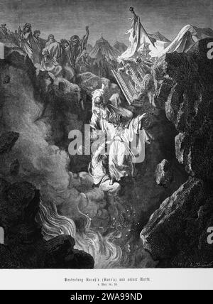 Bibel, Bestrafung von Korah oder Cyrus und seinem Mob, Genesis 16, 33, Moses, Altes Testament, Strafe, Erde, Tränen, verschlingen, Menschenmenge, Fall, Feuer, Tod, Lager Stockfoto