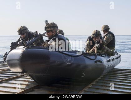 US-Streitkräfte. 180610PC620-0028 OSTSEE (10. Juni 2018) Mitglieder des 307. Rumänischen Marineinfanterieregiments warten darauf, das Brunnendeck des Docklandeschiffs der Harpers Ferry-Klasse USS Oak Hill (LSD 51) während einer taktischen Einführübung während der Übung Baltic Operations (BALTOPS) 2018, 10. Juni, zu verlassen. BALTOPS ist die wichtigste jährliche, auf den Seeverkehr ausgerichtete Übung im Ostseeraum und eine der größten Übungen in Nordeuropa zur Verbesserung der Flexibilität und Interoperabilität zwischen Verbündeten und Partnerländern. (US Navy Foto von Mass Communication Specialist 3rd Class Michael H. Lehman/veröffentlicht Stockfoto