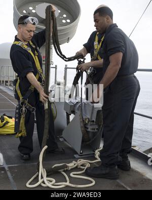 US-Streitkräfte. 180702GY005-0008 ATLANTISCHER OZEAN (2. Juli 2018) Seeleute schließen einen elektrischen Hebezug an, um die Wartung an Bord des Flugzeugträgers USS Harry S. Truman (CVN 75) der Nimitz-Klasse durchzuführen. Harry S. Truman. Truman wird derzeit im Rahmen einer laufenden Rotation der US-Streitkräfte eingesetzt, die maritime Sicherheitseinsätze in internationalen Gewässern rund um den Globus unterstützen. (Foto der US Navy von der 3. Klasse-Spezialistin für Massenkommunikation Gitte Schirrmacher/veröffentlicht) Stockfoto