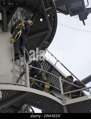 US-Streitkräfte. 180702GY005-0005 ATLANTISCHER OZEAN (2. Juli 2018) Seemänner gehen in die Höhe, um an Bord des Flugzeugträgers USS Harry S. Truman (CVN 75) der Nimitz-Klasse zu warten. Harry S. Truman. Truman wird derzeit im Rahmen einer laufenden Rotation der US-Streitkräfte eingesetzt, die maritime Sicherheitseinsätze in internationalen Gewässern rund um den Globus unterstützen. (Foto der US Navy von der 3. Klasse-Spezialistin für Massenkommunikation Gitte Schirrmacher/veröffentlicht) Stockfoto