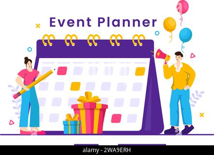 Eventplaner Vektor-Illustration mit Planungszeitplan, Zeitmanagement, Geschäftsagenda und Kalenderkonzept im Hintergrund mit flachem Cartoon Stock Vektor