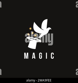Minimalistisches Magic Show Performance Logo, Zaubermütze und Taubentaube Logo Symbol Vektorvorlage auf schwarzem Hintergrund Stock Vektor