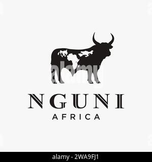 Nguni Büffelkuh Logo-Symbol-Vektorvorlage auf weißem Hintergrund mit afrikanischem Wort-Map-Zeichen Stock Vektor