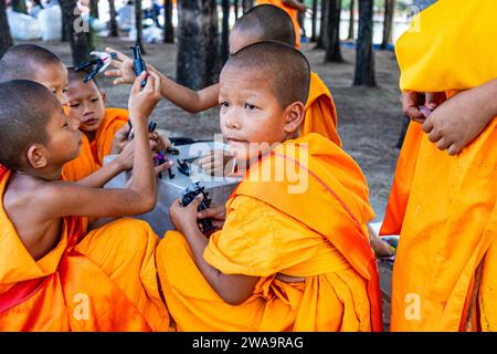 Bangkok, Thailand. Januar 2024. Junge Mönche nehmen an der Dhammayatra-Pilgerfahrt 2024 Teil. Die Dhammayatra-Pilgerfahrt 2024 fand am 2. Januar 2024 im Wat Dhammakaya in der Nähe von Bangkok statt, in Hommage an den Großen Meister Sodh Cantasaro, Schöpfer der Dhammakaya-Meditationstechnik, die heute weltweit Anhänger hat. Quelle: SOPA Images Limited/Alamy Live News Stockfoto