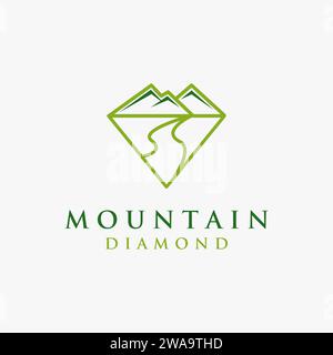 Natürliche Diamant-Logo-Symbol, Berg- und Flusslandschaft-Logo-Symbol-Vektorvorlage auf weißem Hintergrund Stock Vektor