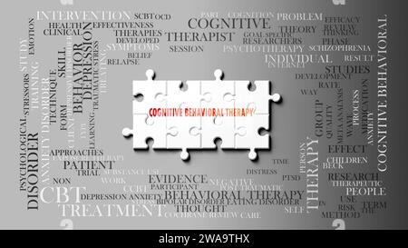 Kognitive Verhaltenstherapie - ein komplexes Thema, das mit vielen Konzepten zusammenhängt. Dargestellt als Puzzle und Wortwolke. 3D-Illustration Stockfoto