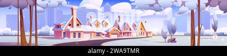 Winterstraße vor GroßstadtHintergrund. Vektor-Cartoon-Illustration von Vorstadthäusern entlang ländlicher Gasse unter bewölktem Himmel, Bäumen und Büschen bedeckt mit Show, moderne Wolkenkratzer am Horizont Stock Vektor