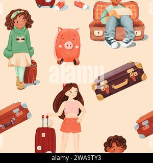 Nahtloses Muster eines Mädchens mit Gepäck, ein dunkelhäutiges lächelndes Mädchen, ein Junge sitzt in einem offenen braunen Retro-Koffer. Rosafarbener Hintergrund. Reisekonzept Stockfoto