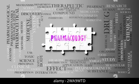 Pharmakologie - ein komplexes Thema, das mit vielen Begriffen zusammenhängt. Dargestellt als Puzzle und Wortwolke, die aus den wichtigsten Ideen und Phrasen zusammengesetzt sind Stockfoto