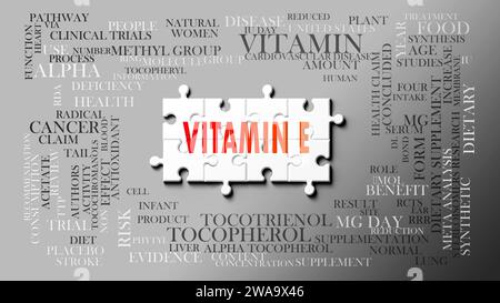 Vitamin E - ein komplexes Thema, das mit vielen Konzepten zusammenhängt. Dargestellt als Puzzle und Wortwolke aus den wichtigsten Ideen und Phrasen im Zusammenhang mit vit Stockfoto
