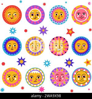 Sonne und Sterne, lustige sonnige Gesichter mit Ausdruck Stock Vektor