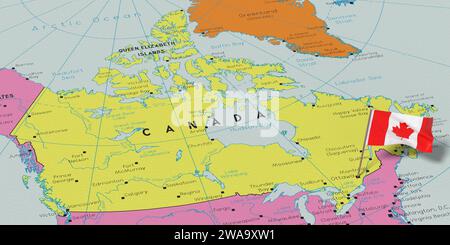 Kanada, Ottawa - Nationalflagge auf politischer Karte fixiert - 3D-Illustration Stockfoto