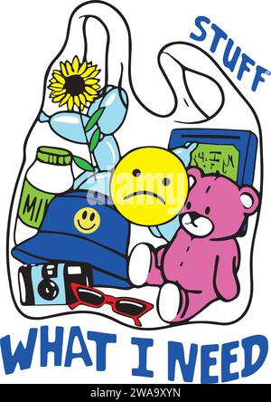 Zeug, was ich brauche, lustige Sachen, Sonnenblumen, seltsames Buch, Emoji-Gesicht, Sonnenbrille, teddybär, Milchflasche, Kamera, Ballonhund, Street Style Stock Vektor