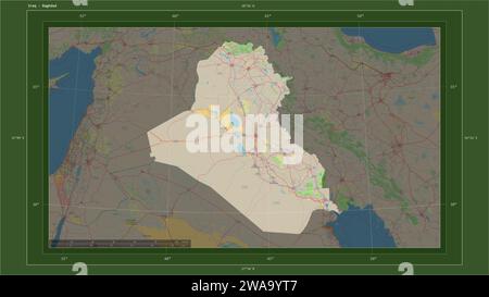 Der Irak wird auf einer topografischen Karte im OSM-Deutschland-Stil mit dem Hauptpunkt des Landes, kartographischem Raster, Entfernungsskala und Kartengrenzkoordi hervorgehoben Stockfoto