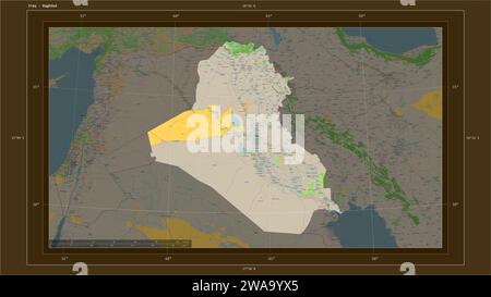 Der Irak wird auf einer topografischen Karte im Stil von OSM France mit dem Hauptpunkt des Landes, kartographischem Raster, Entfernungsskala und Kartengrenzkoordin hervorgehoben Stockfoto