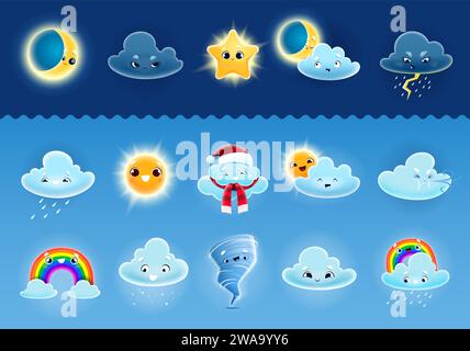 Cartoon niedliche Wetterfiguren. Vektorwolken, Sonne, Regen, Wind und Regenbogen, Mond, Stern, Schnee, Tornado-Sturm und Blitzfiguren mit lustigen Gesichtern. Wettervorhersage und meteorologische Emoticons Stock Vektor