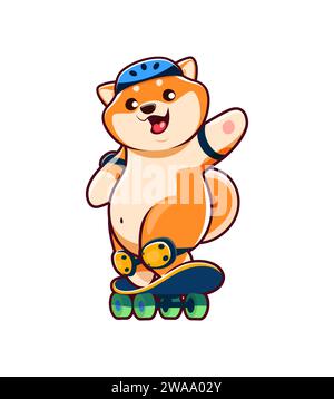 Cartoon Kawaii Shiba Inu Hündchenfigur auf Skateboard. Komische Shiba Inu Persönlichkeit, lustiges kleines japanisches Hundebaby oder entzückender Welpen Vektor Charakter oder lustiges Maskottchen Skateboarding im Helm Stock Vektor