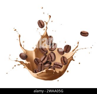 Milchkaffee spritzt mit Kaffeebohnen isoliert auf weißem Hintergrund Stockfoto