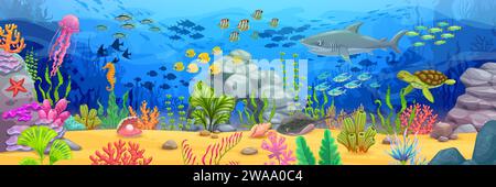 Langes Banner mit Unterwasserlandschaft. Zeichentrickhai und Schildkröte, Fischschwärme, Algen und Korallen auf Sandboden Vektor Hintergrund. Blaue Wasserwellen mit Quallen, Seestern, Stachelrochen Stock Vektor