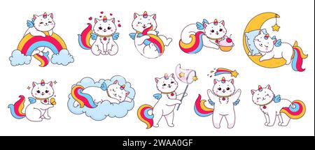 Caticorn Charaktere, Comic lustige Kätzchen Katze Einhorn, Vektor süße Haustier Tiere. Glückliches Katicorn für Babyaufkleber, magischen Traum und Kinder-Fantasy-Einhornkätzchen mit rosa Regenbogen, Wolken und Liebesherzen Stock Vektor