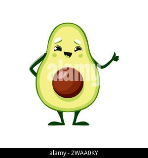 Cartoon fröhliche Avocadofigur mit Lächeln und Daumen nach oben, Vektor-Emoji oder Kawaii-Emoticon. Niedliche lustige Happy Avocado mit Daumen nach oben Geste und halb geschnittenem Samen für Kinder Essen Persönlichkeit Stock Vektor