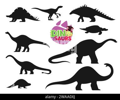 Lustige Dinosaurier-Cartoon-Figuren Silhouetten. Wuerhosaurus, Eoraptor, Polacanthus und Henodus, Quaesitosaurus, Haplocanthosaurus, Shunosaurus und Lotosaurus, Melanorosaurus Dinosaurier Silhouetten Set Stock Vektor