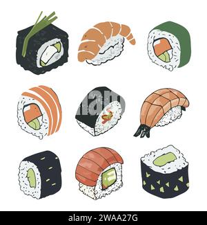 asiatisches Sushi-Essen mit Fisch, Reis, Algen, Kaviar. Stock Vektor