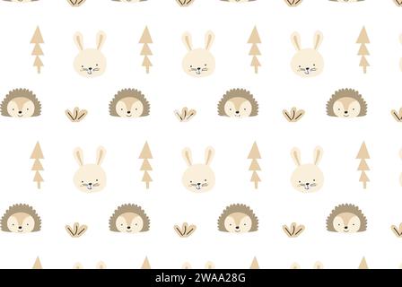 Niedliches Waldtier Igel und Hasen Gesichter mit weihnachtsbaum Hintergrund. Vektordarstellung isoliert. Stock Vektor