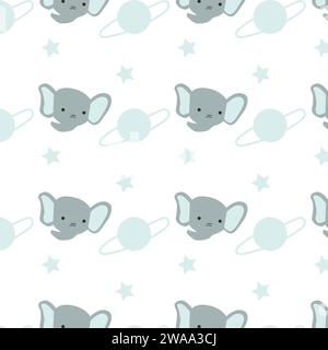 Niedlicher Elefant im Raum - Kinderzimmer blauer Hintergrund. Vektor-Illustration mit niedlichem Elefantengesicht und Planet, Sterne. Stock Vektor